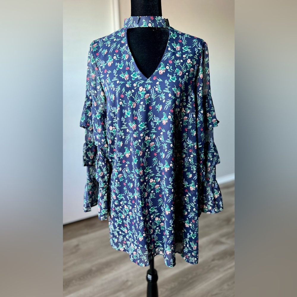 Le Lis Navy Floral Mini Dress with Bell Sleeves